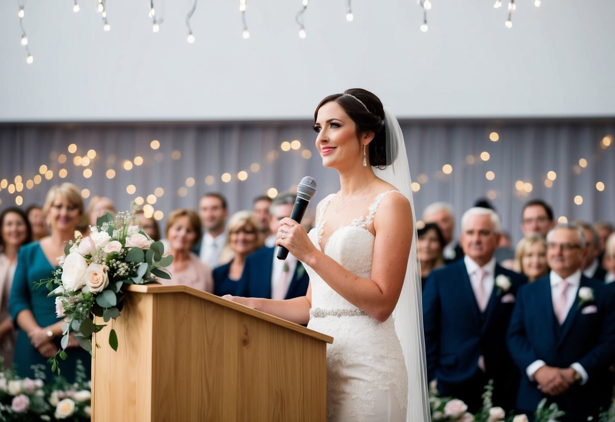 A bride stands at a podium, surrounded by flowers and twinkling lights. She holds a microphone and looks out at the expectant faces of her guests