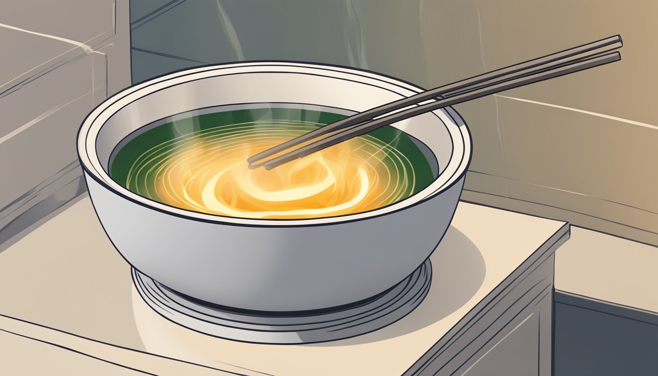 A bowl of miso soup being gently heated over a low flame on a stovetop