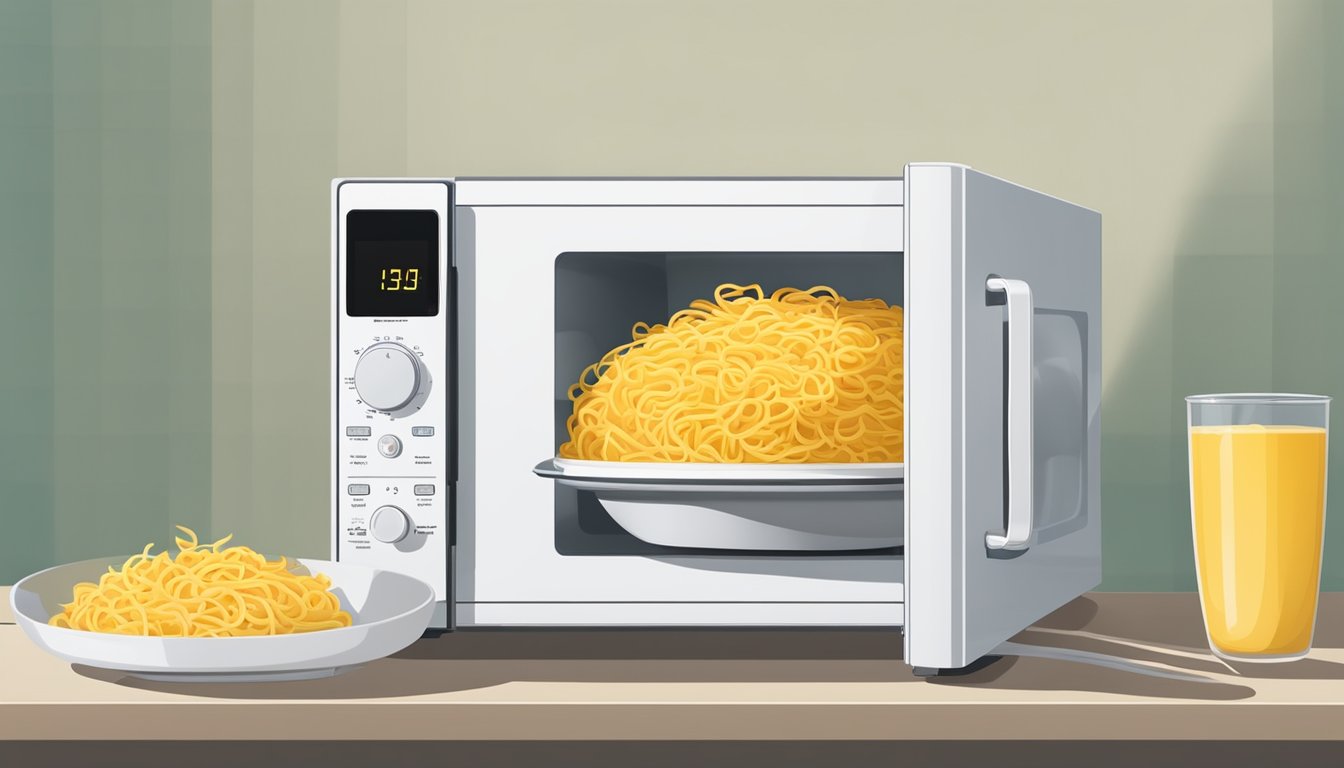 A microwave with a bowl of noodle kugel inside, rotating on the turntable while heating