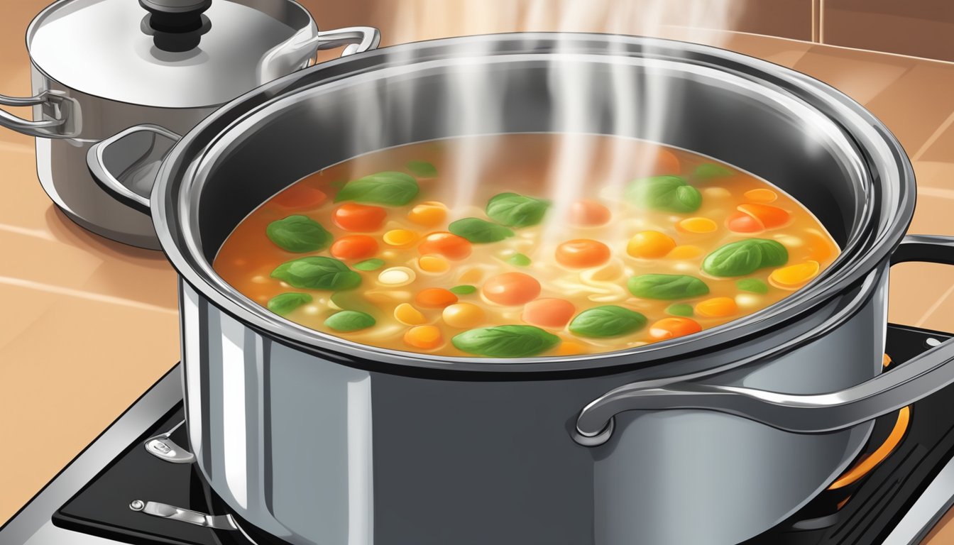 A pot of minestrone soup being gently reheated on a stovetop, steam rising from the simmering liquid as the aroma fills the kitchen