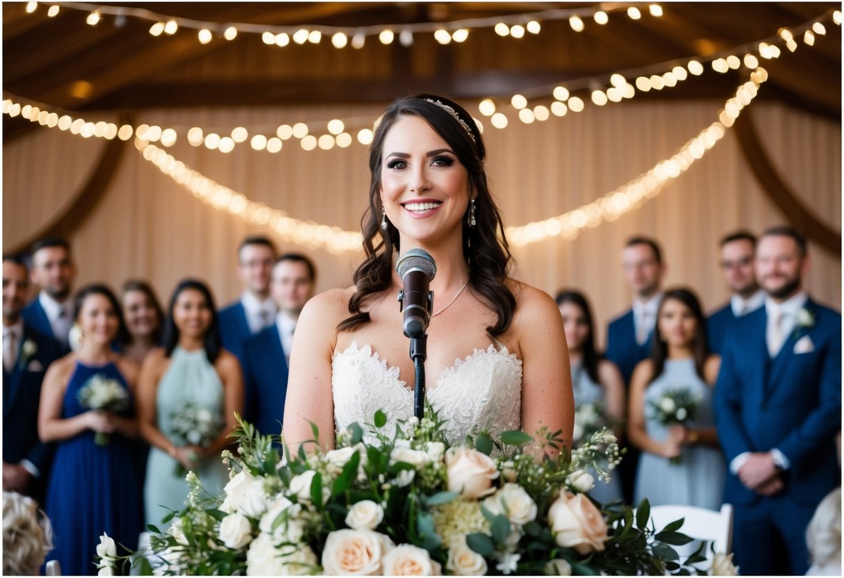 A bride standing at a microphone, surrounded by flowers and twinkling lights, smiling and preparing to address her wedding guests