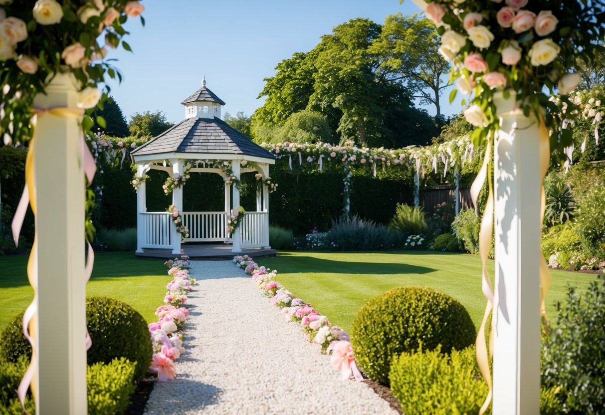 A sunlit garden with a flower-covered archway and a pathway leading to a white gazebo adorned with ribbons and garlands