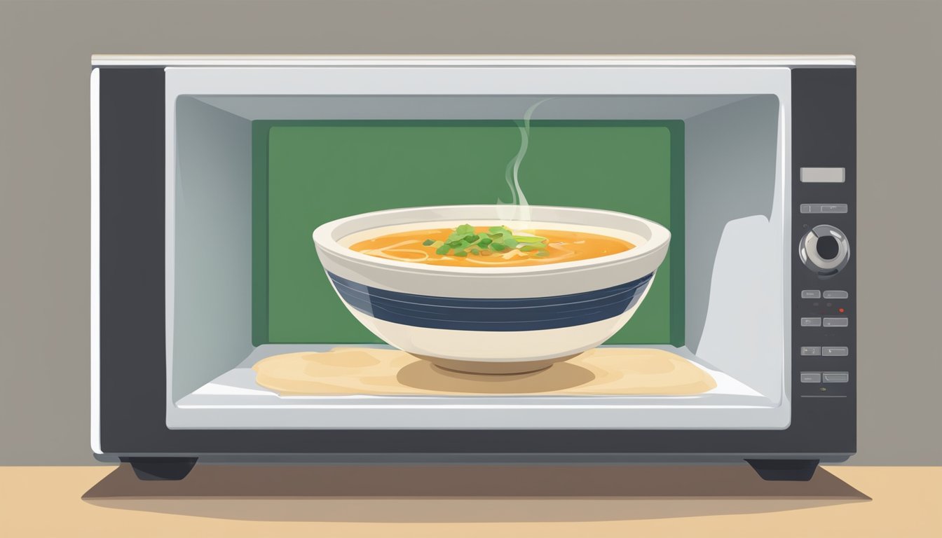 A bowl of miso soup being heated in a microwave