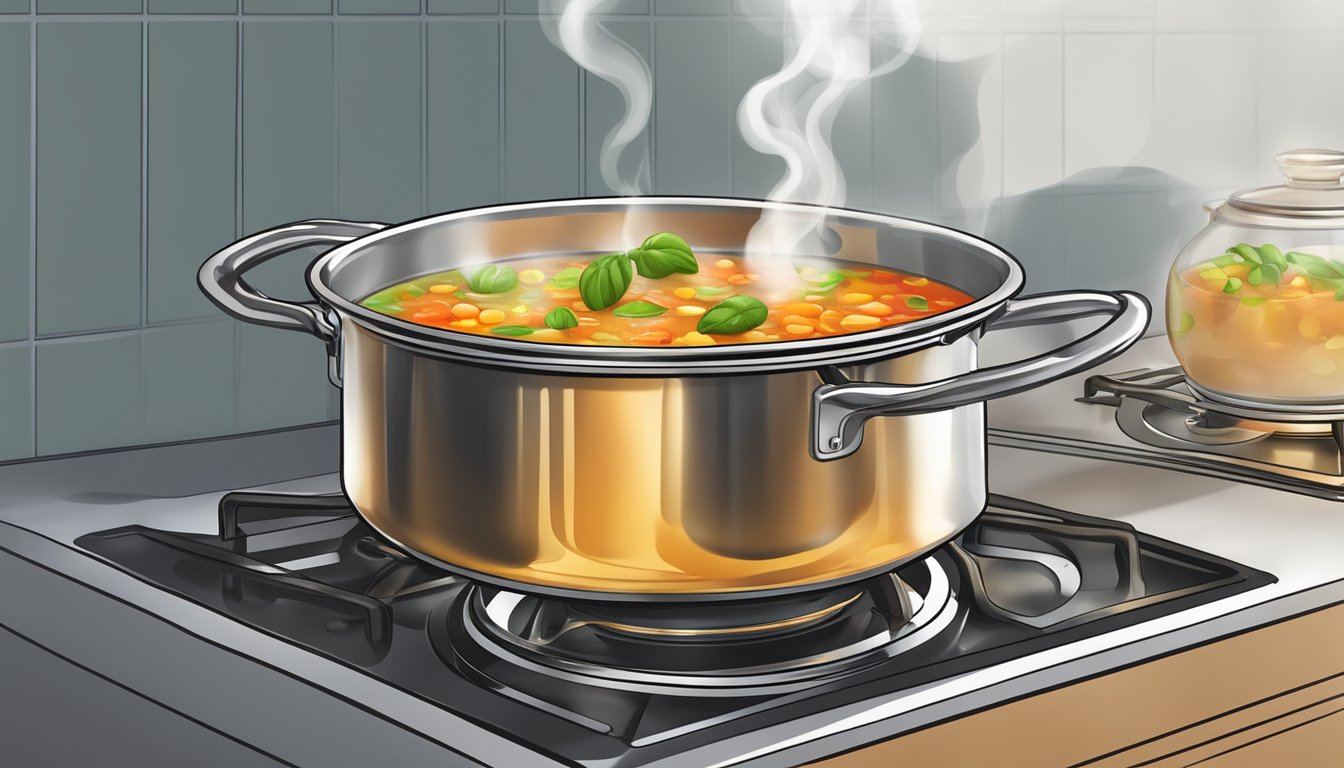 A pot of minestrone soup being reheated on a stovetop, steam rising from the bubbling liquid