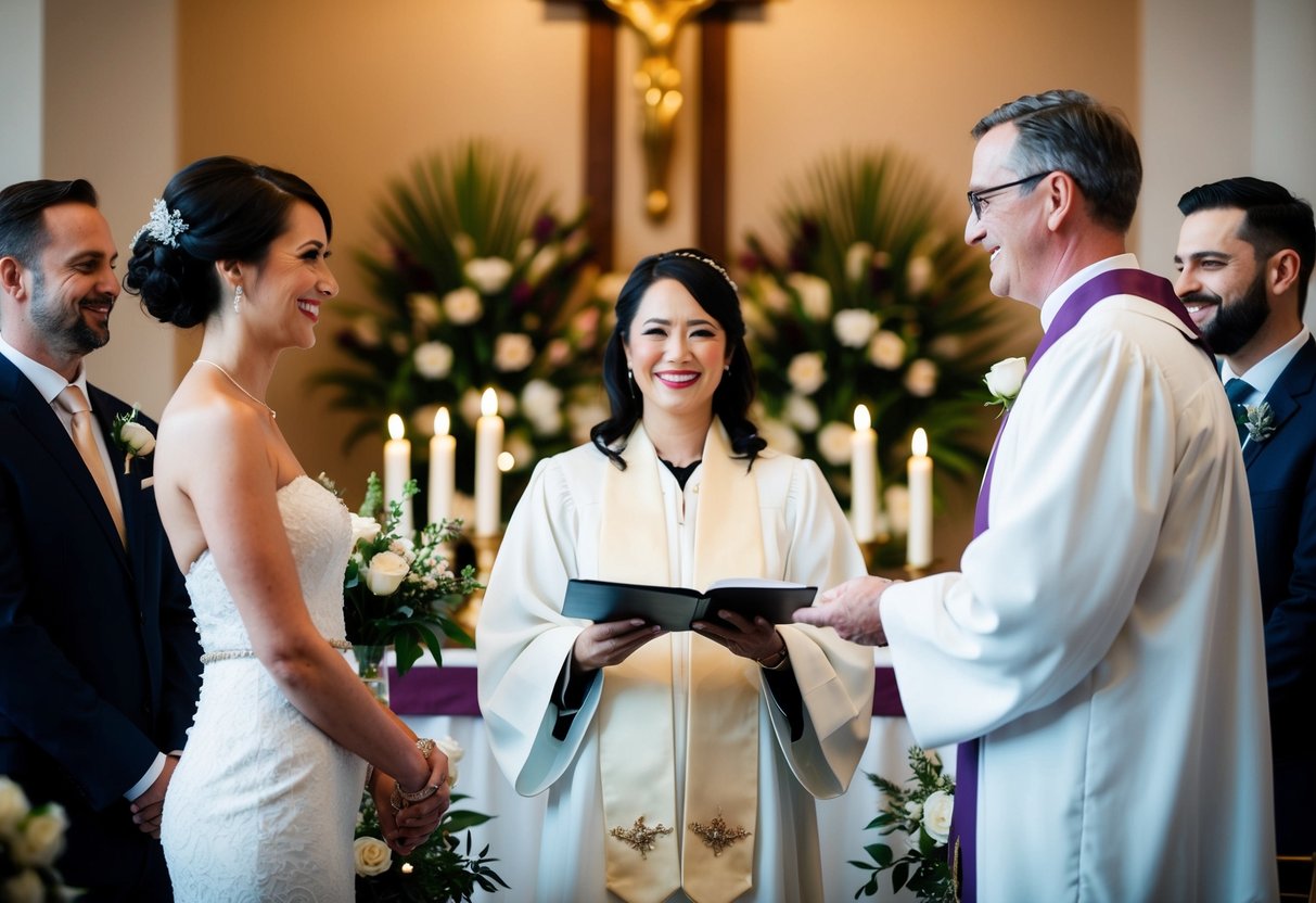 A couple stands at the altar, surrounded by flowers and candles. The officiant smiles as they begin their wedding ceremony