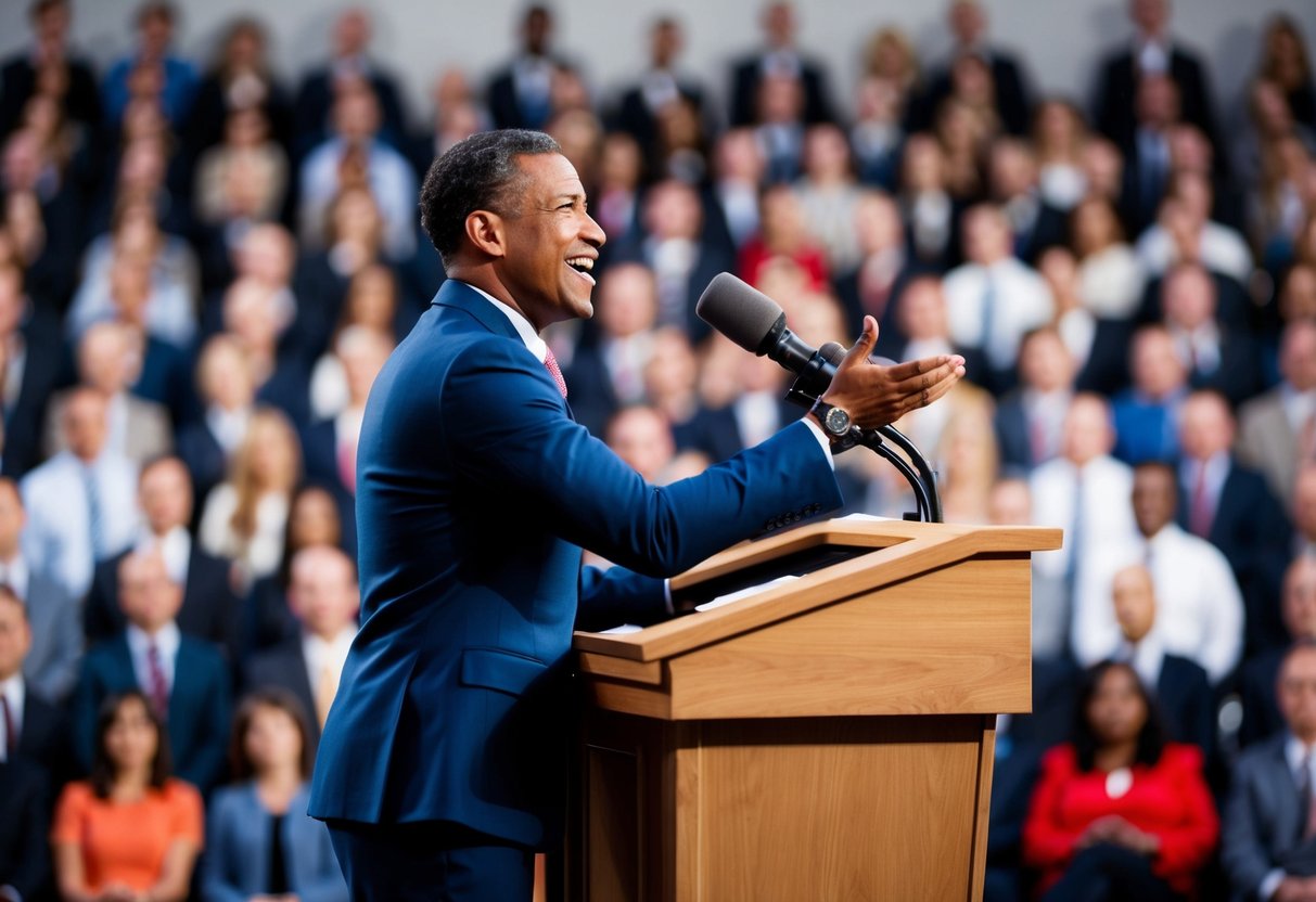 A figure standing at a podium, addressing a crowd with enthusiasm and confidence