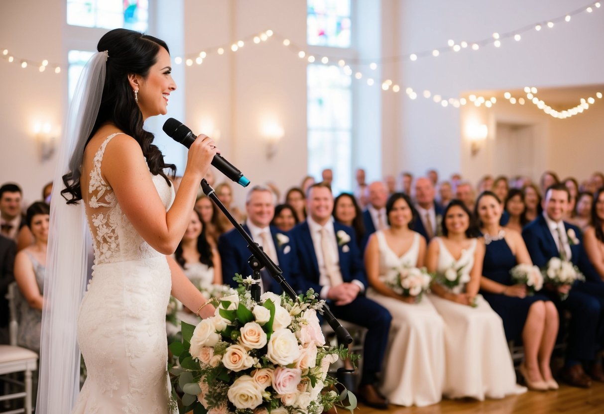A bride standing at a microphone, surrounded by flowers and twinkling lights, looking out at a room full of smiling faces