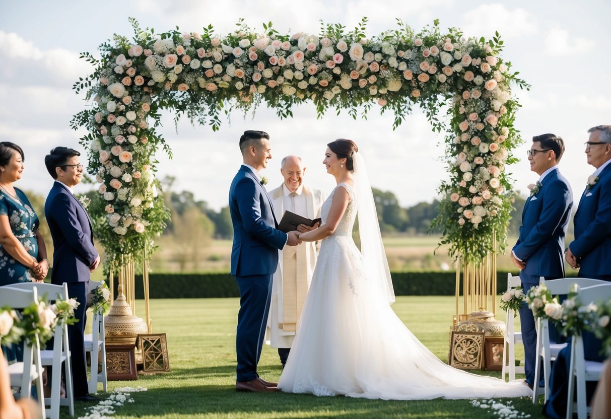 A bride and groom stand beneath a floral arch, surrounded by family heirlooms and cultural symbols, as they exchange vows