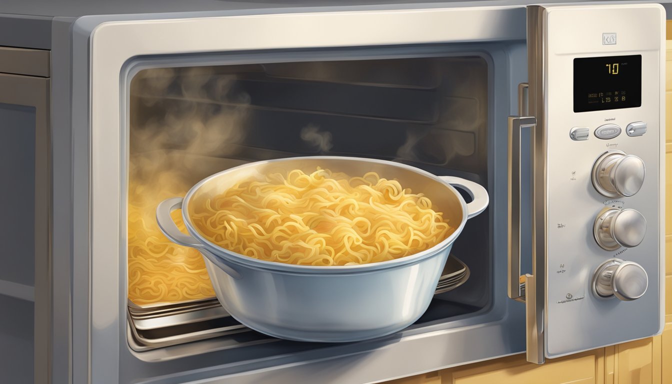 A steaming dish of noodle kugel sits in a microwave, with a fork resting on the edge. Steam rises from the creamy, golden brown casserole, filling the kitchen with a tantalizing aroma