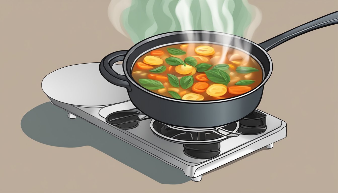 Minestrone soup being reheated in a pot on a stovetop