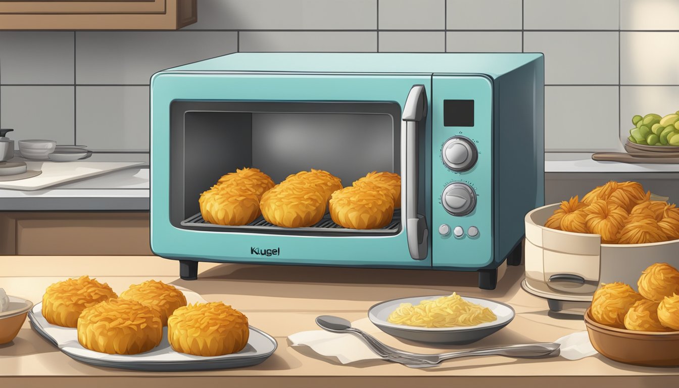 A variety of kugel types arranged on a table, with a microwave and oven in the background