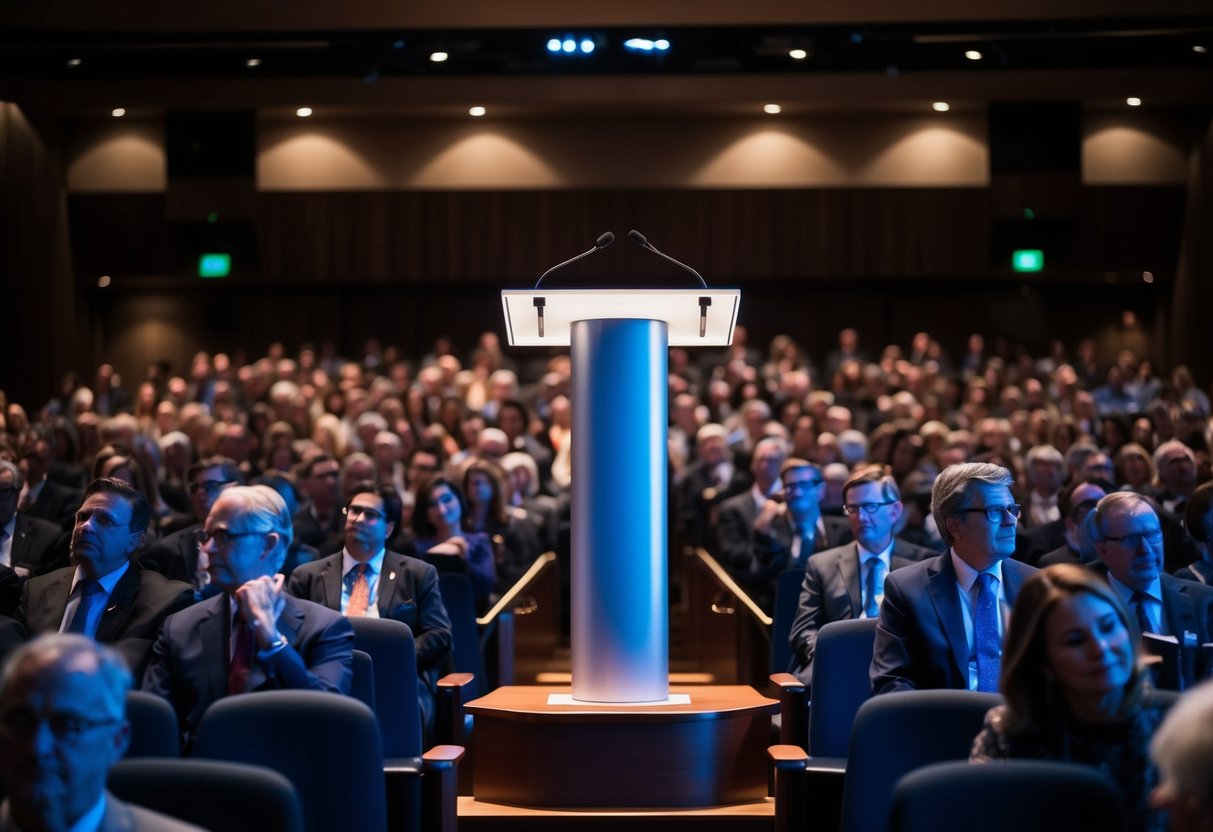 A podium with a microphone, surrounded by an audience seated in a dimly lit auditorium