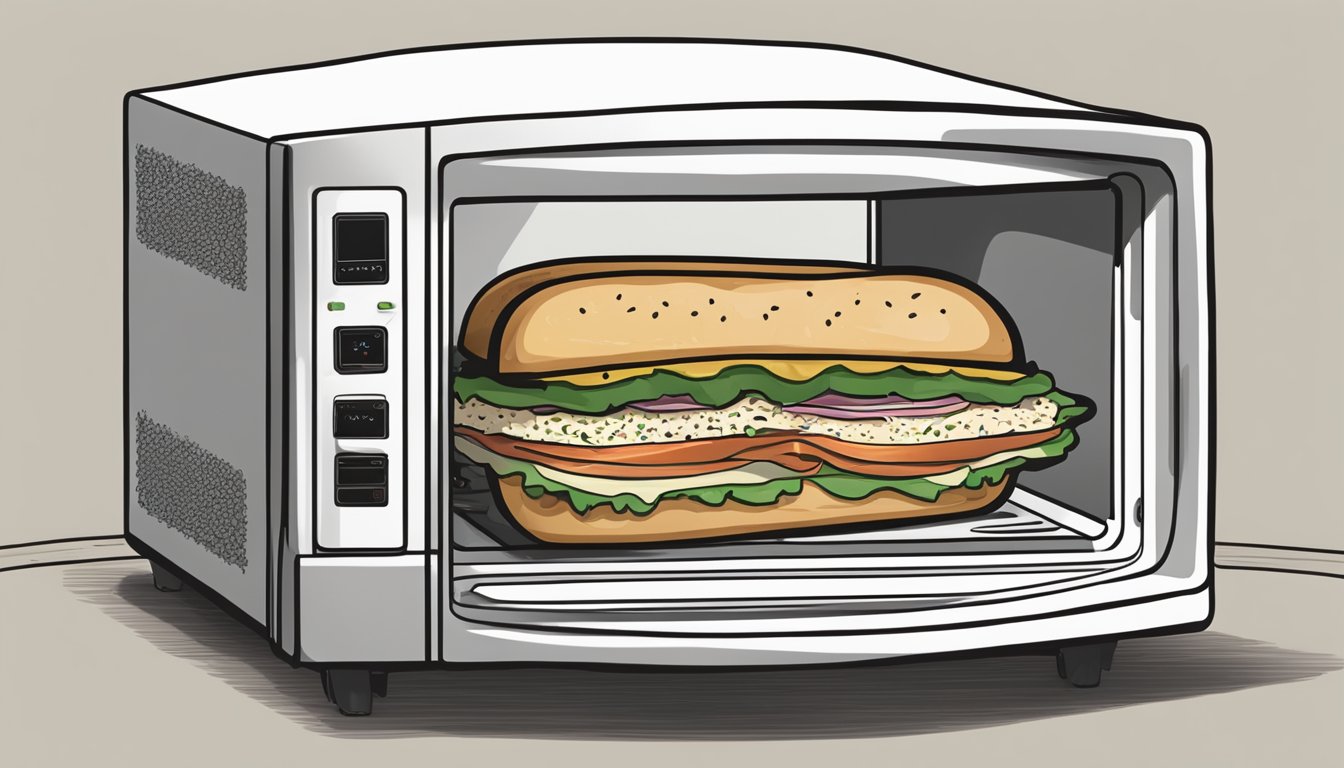 A muffuletta sandwich sits on a plate next to a microwave. The microwave door is open, with the sandwich inside, ready to be reheated