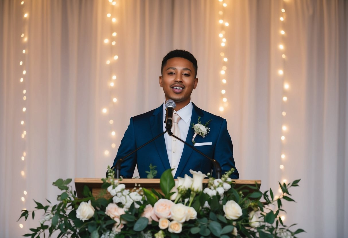 A person standing at a podium, surrounded by flowers and twinkling lights, delivering a heartfelt wedding speech