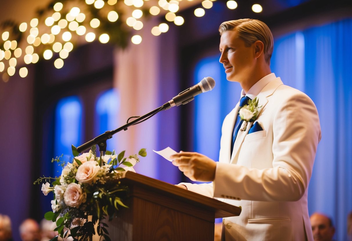 A figure standing at a podium, surrounded by flowers and twinkling lights, delivering a wedding speech with a microphone in hand