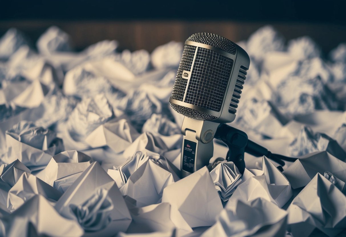 A microphone surrounded by scattered sheets of crumpled paper
