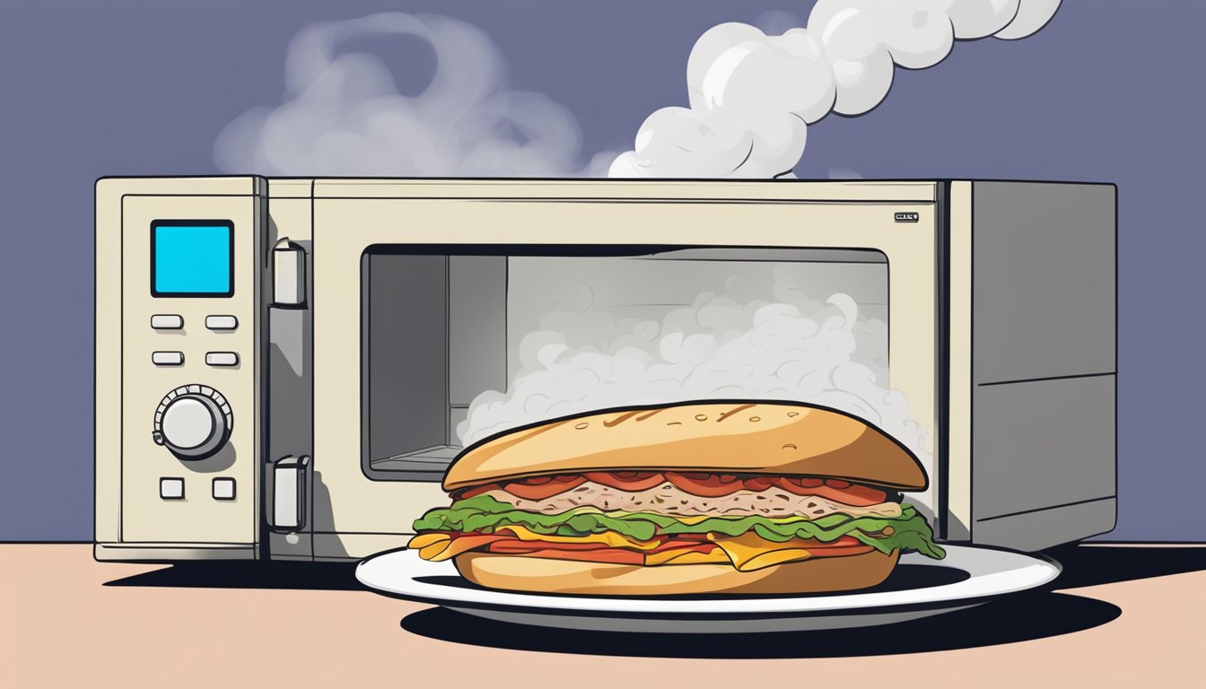 A muffuletta sandwich sits on a plate next to a microwave, with steam rising from the sandwich as it heats up