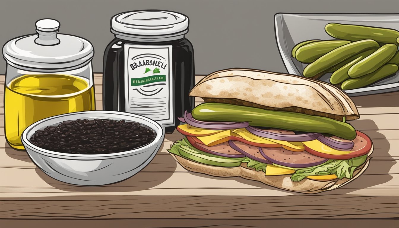 A muffuletta sandwich wrapped in foil is placed in an oven, alongside a side of pickles and a bowl of olive oil and balsamic vinegar for dipping