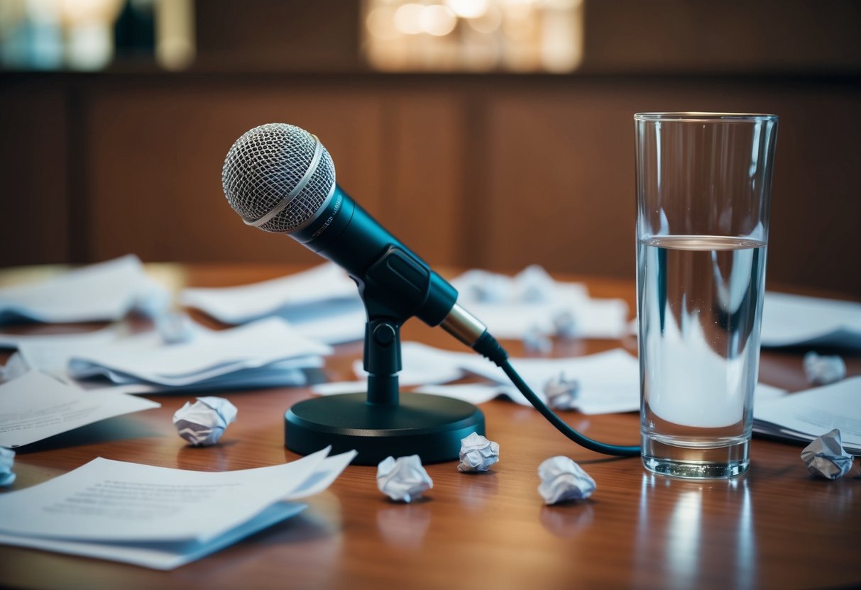A microphone surrounded by scattered crumpled papers and a half-empty glass of water on a wooden podium