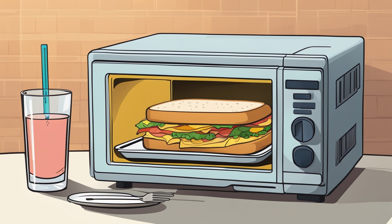 A microwave with a muffuletta sandwich on a plate, a glass of water, and a food thermometer nearby