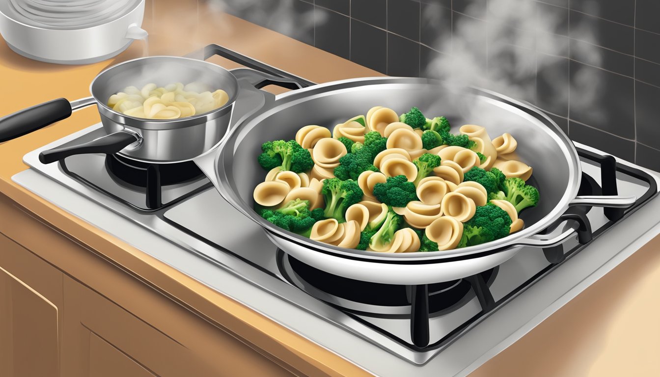 A steaming bowl of orecchiette with sausage and broccoli rabe being gently reheated on a stovetop