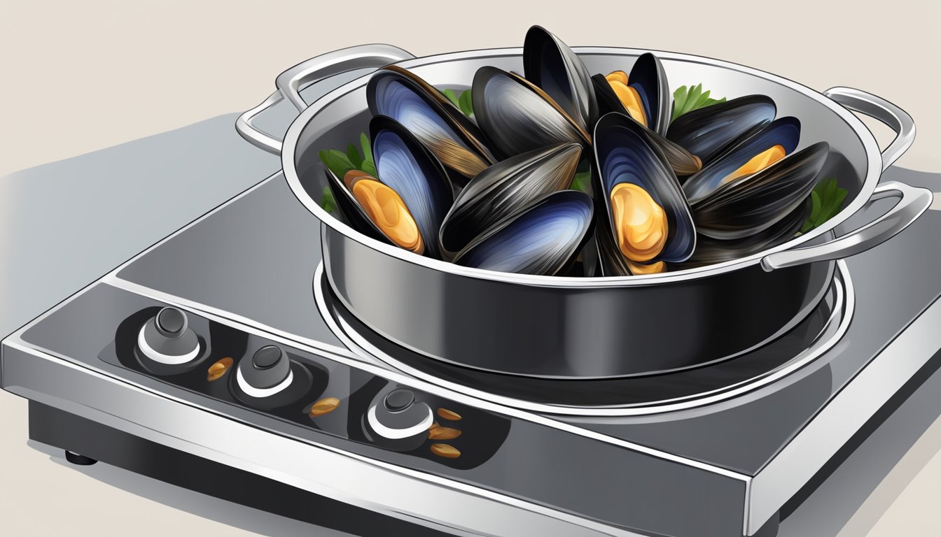 A pot of steamed mussels being gently reheated on a stove, surrounded by aromatic steam and the sound of gentle bubbling