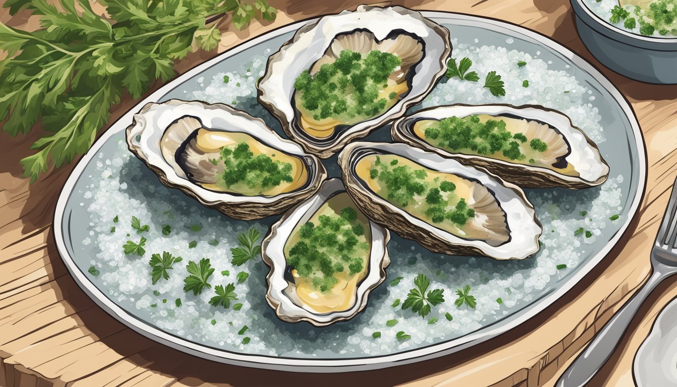 A platter of Oysters Rockefeller arranged on a bed of rock salt, garnished with fresh herbs and a sprinkle of Parmesan cheese, ready to be reheated