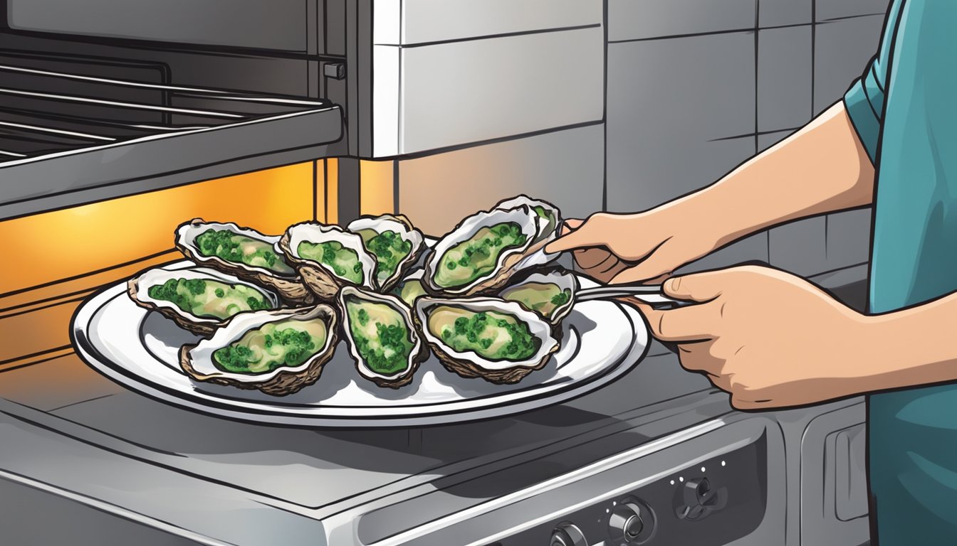 A plate of oysters Rockefeller being carefully placed in the oven for reheating