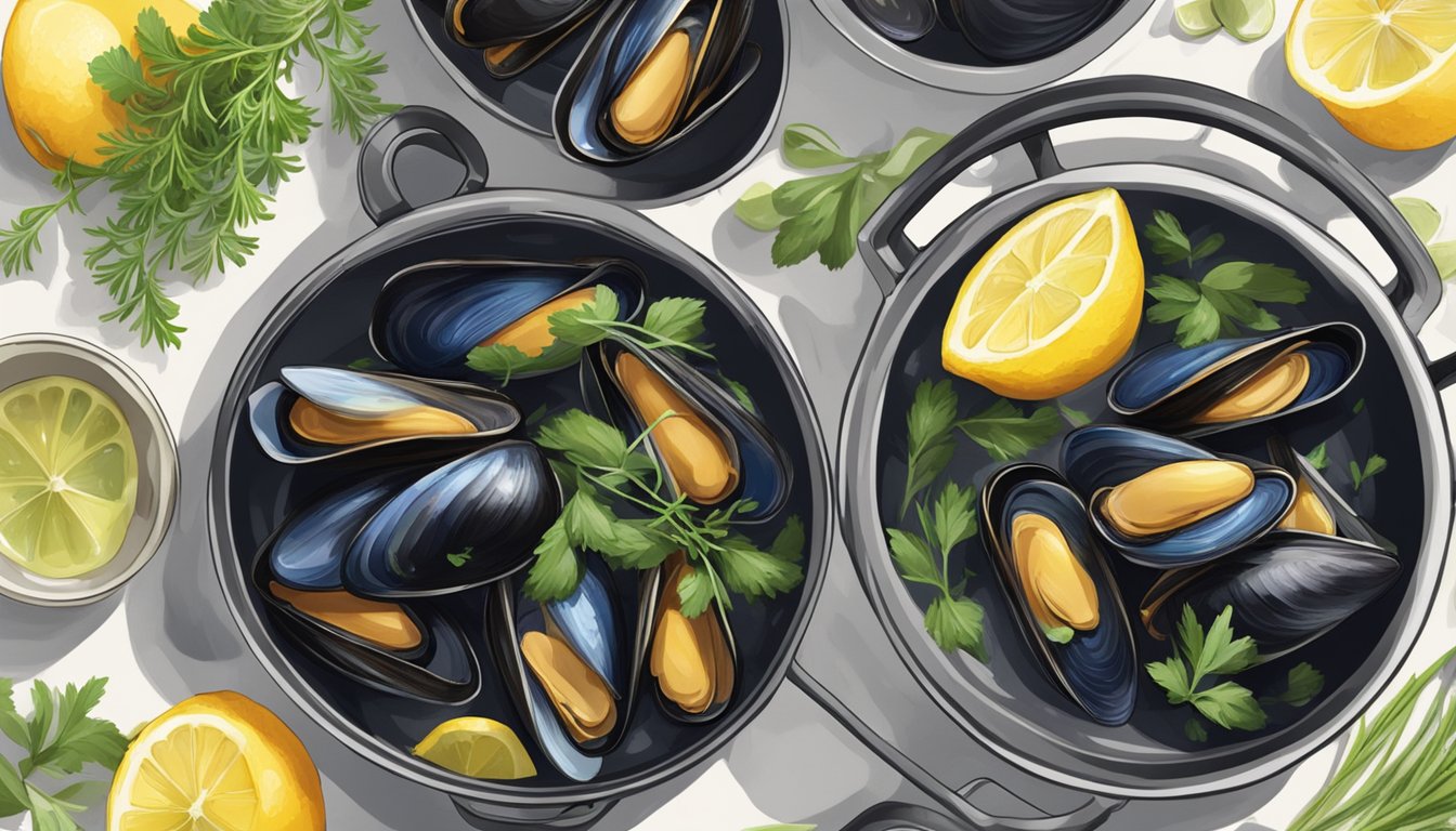 A steaming pot of mussels being gently reheated on a stovetop, surrounded by fresh herbs and lemon wedges