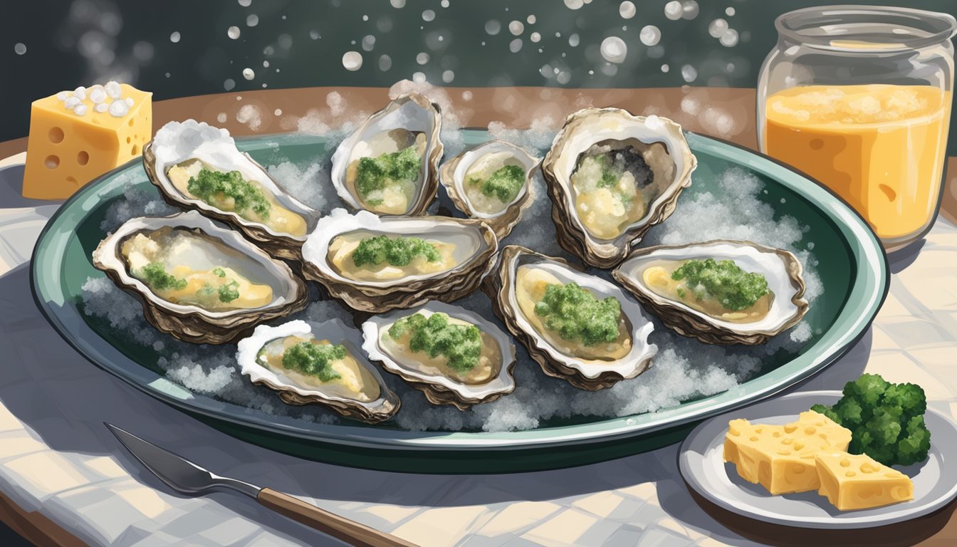 A plate of oysters Rockefeller sits in a preheated oven, surrounded by a bed of coarse salt, the warm air causing the cheese topping to bubble and brown