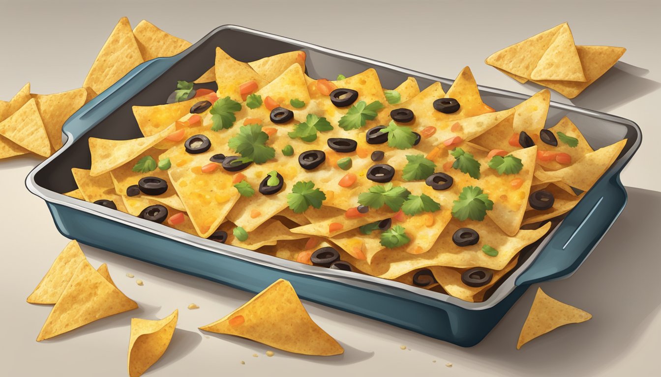 A baking sheet lined with parchment paper holding a pile of nachos under a broiler