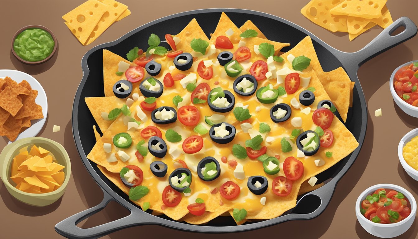 Nachos arranged in a single layer in a skillet over low heat, with cheese and toppings evenly distributed