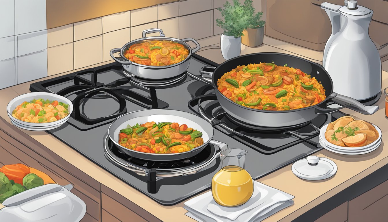 A steaming plate of paella sits on a stovetop, surrounded by various reheating options such as a microwave, oven, and skillet