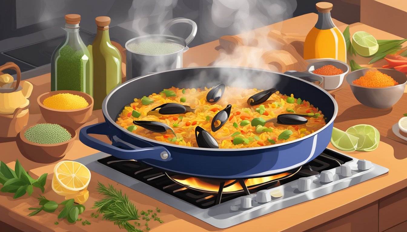 A steaming pan of paella sits on a stovetop, surrounded by colorful ingredients and spices. The aroma wafts through the kitchen as steam rises from the dish