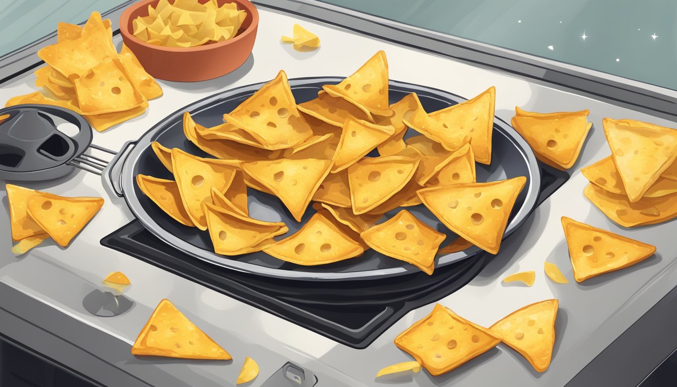 A plate of nachos being reheated in the oven, with the cheese melting and the edges of the chips starting to crisp up