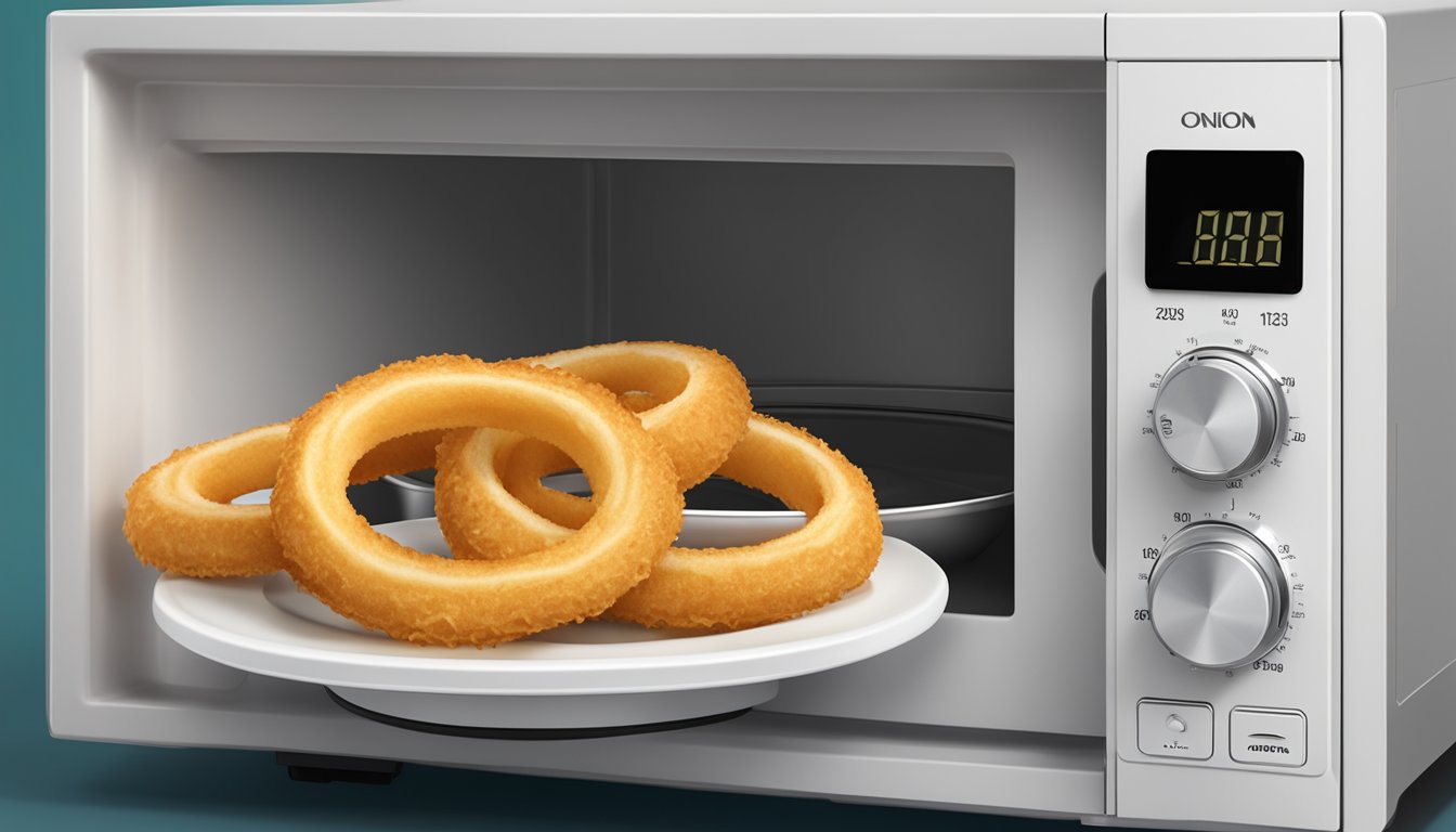 Onion rings on a plate inside a microwave, with the microwave door closed and the timer set for quick reheating