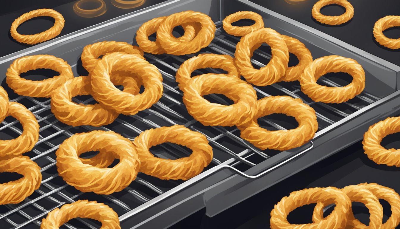 A plate of golden, crispy onion rings being reheated in the oven, steam rising from the hot, savory snack