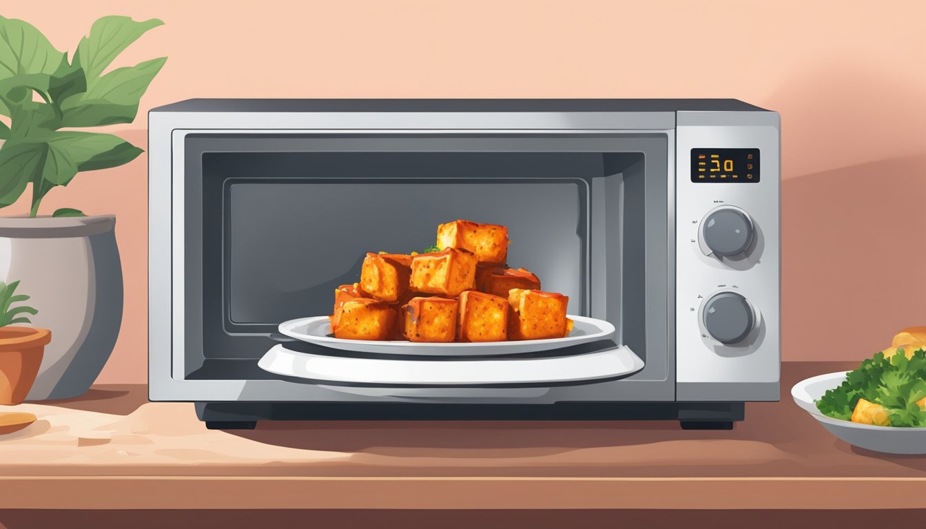 A plate of paneer tikka being reheated in a microwave