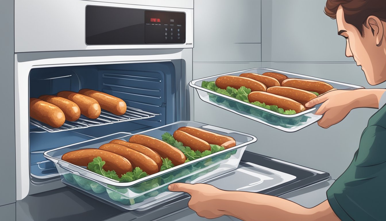 A person placing Nuremberger sausages in airtight containers for storage, then using a microwave to reheat them