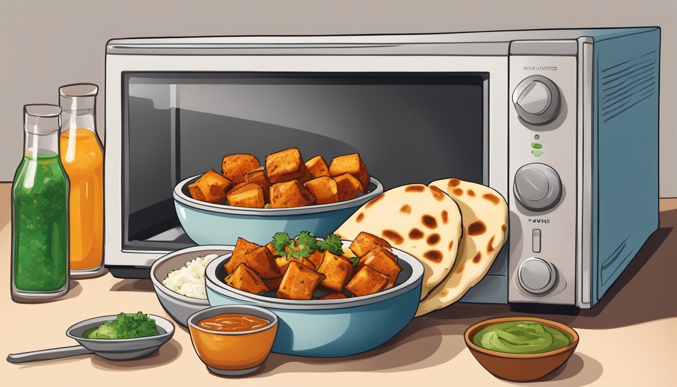 A plate of paneer tikka surrounded by bowls of chutney and naan, with a microwave in the background