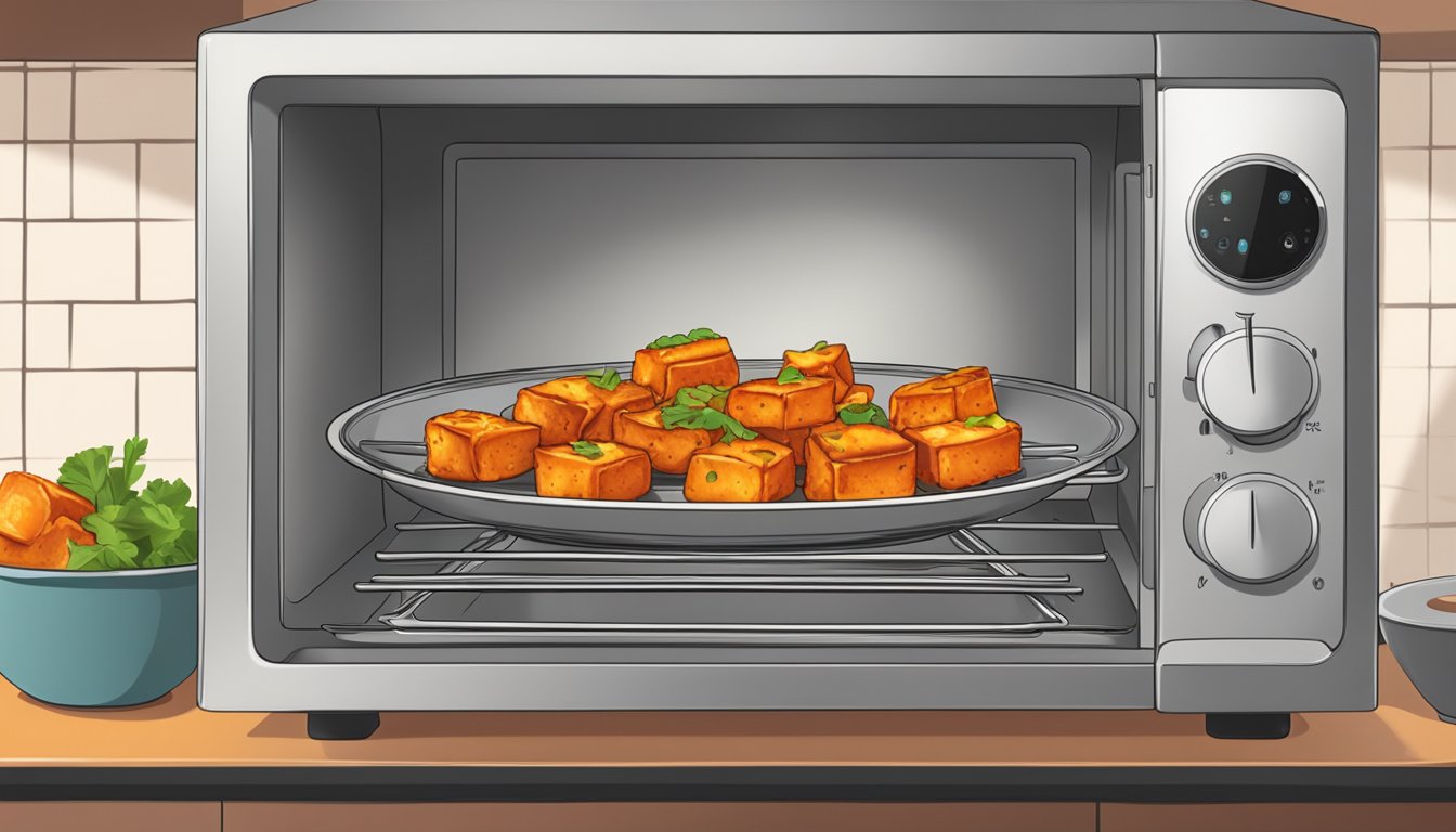 A plate of paneer tikka being reheated in a microwave