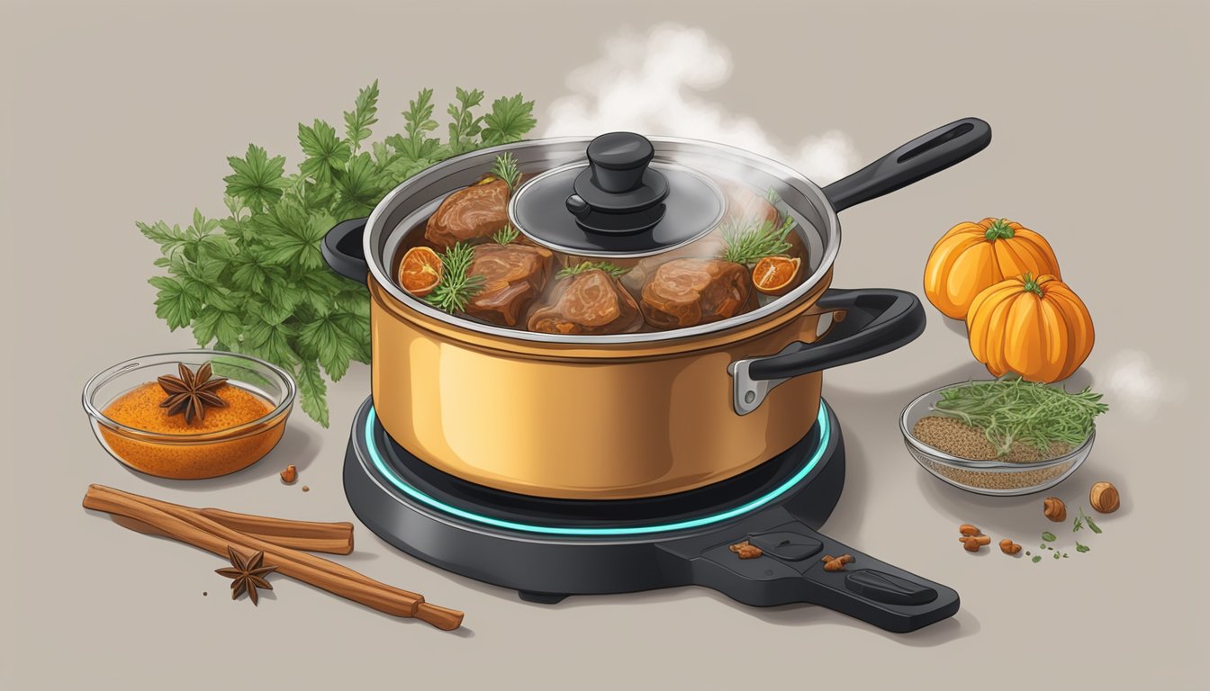 A steaming pot of osso buco being gently reheated on a stovetop, surrounded by aromatic herbs and spices