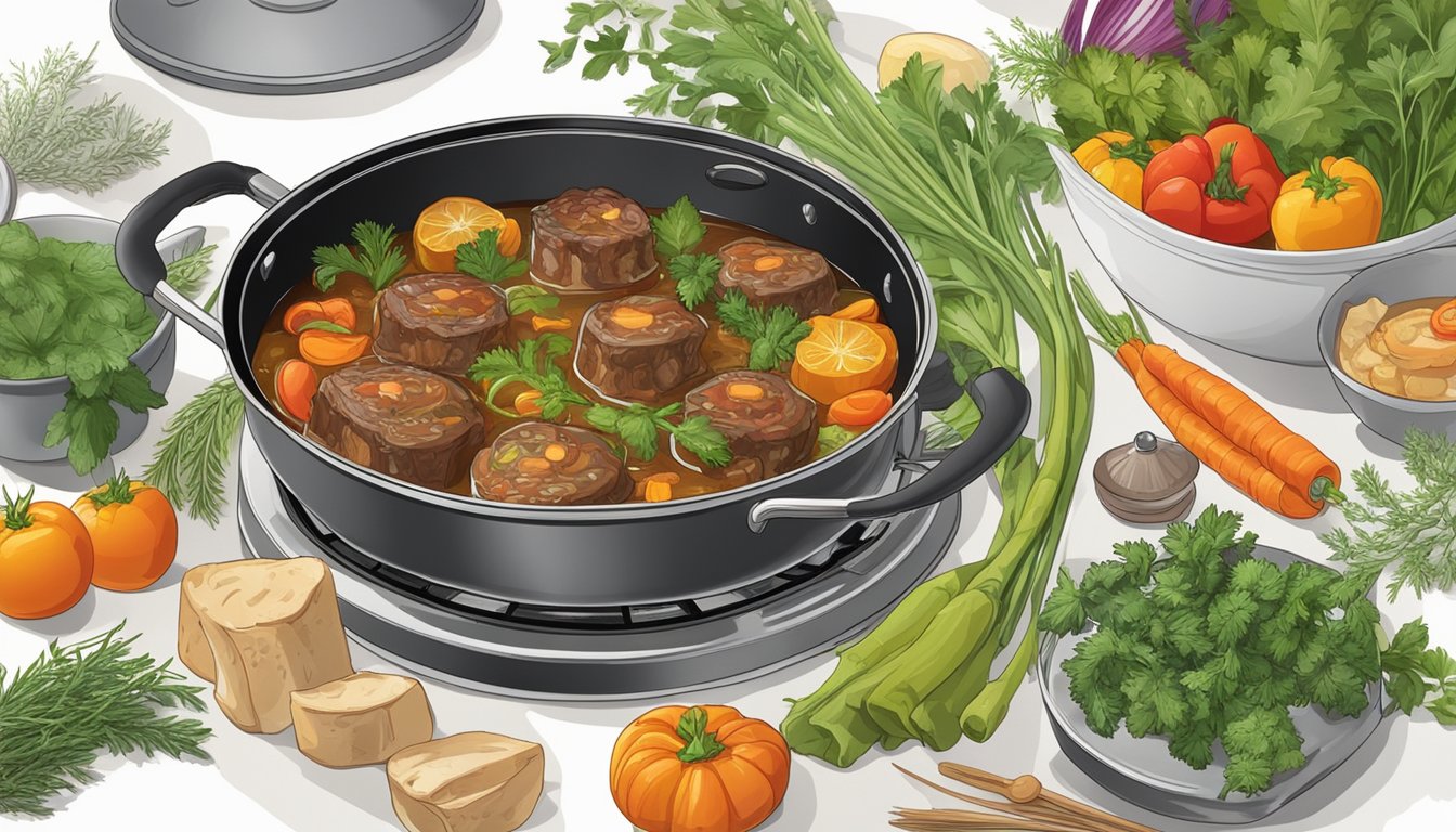 A simmering pot of osso buco on a stovetop, surrounded by aromatic herbs and vegetables