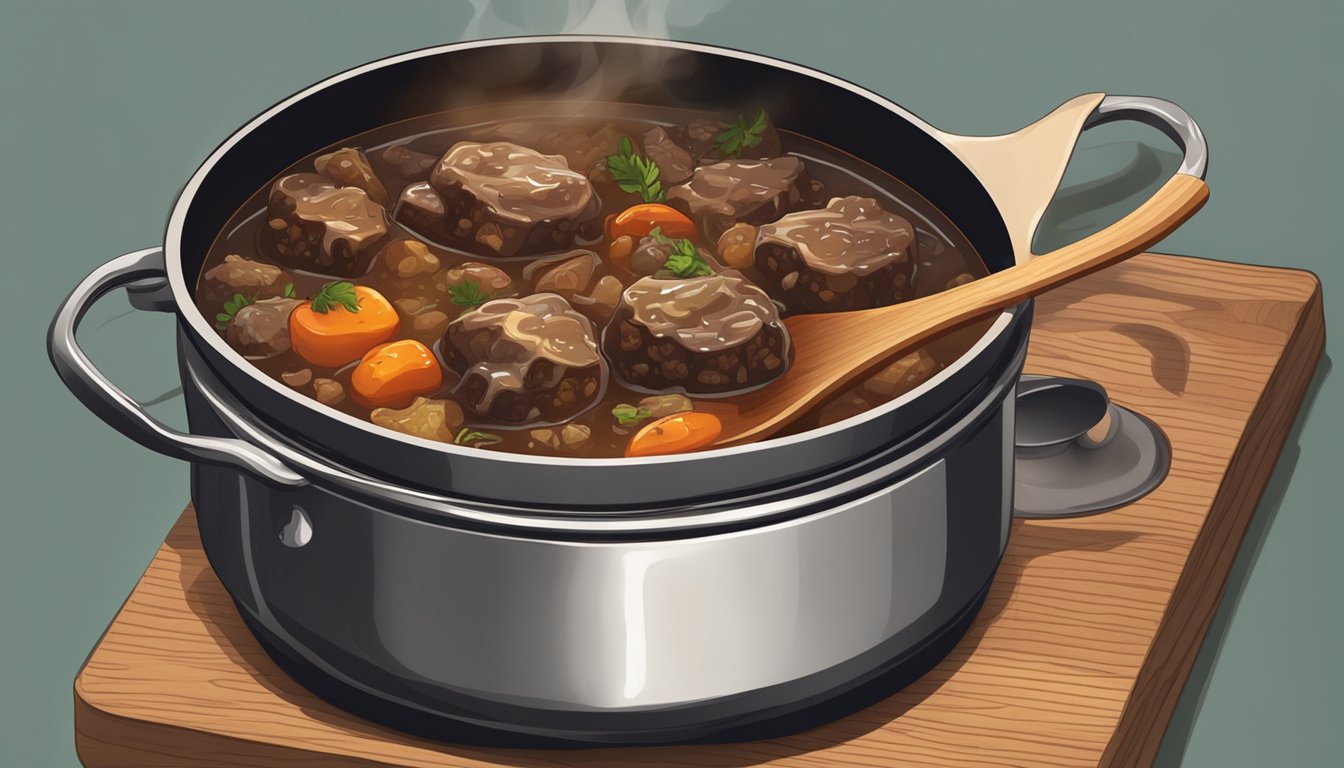 A pot of oxtail stew simmering on a stovetop, steam rising as a wooden spoon stirs the rich, savory mixture