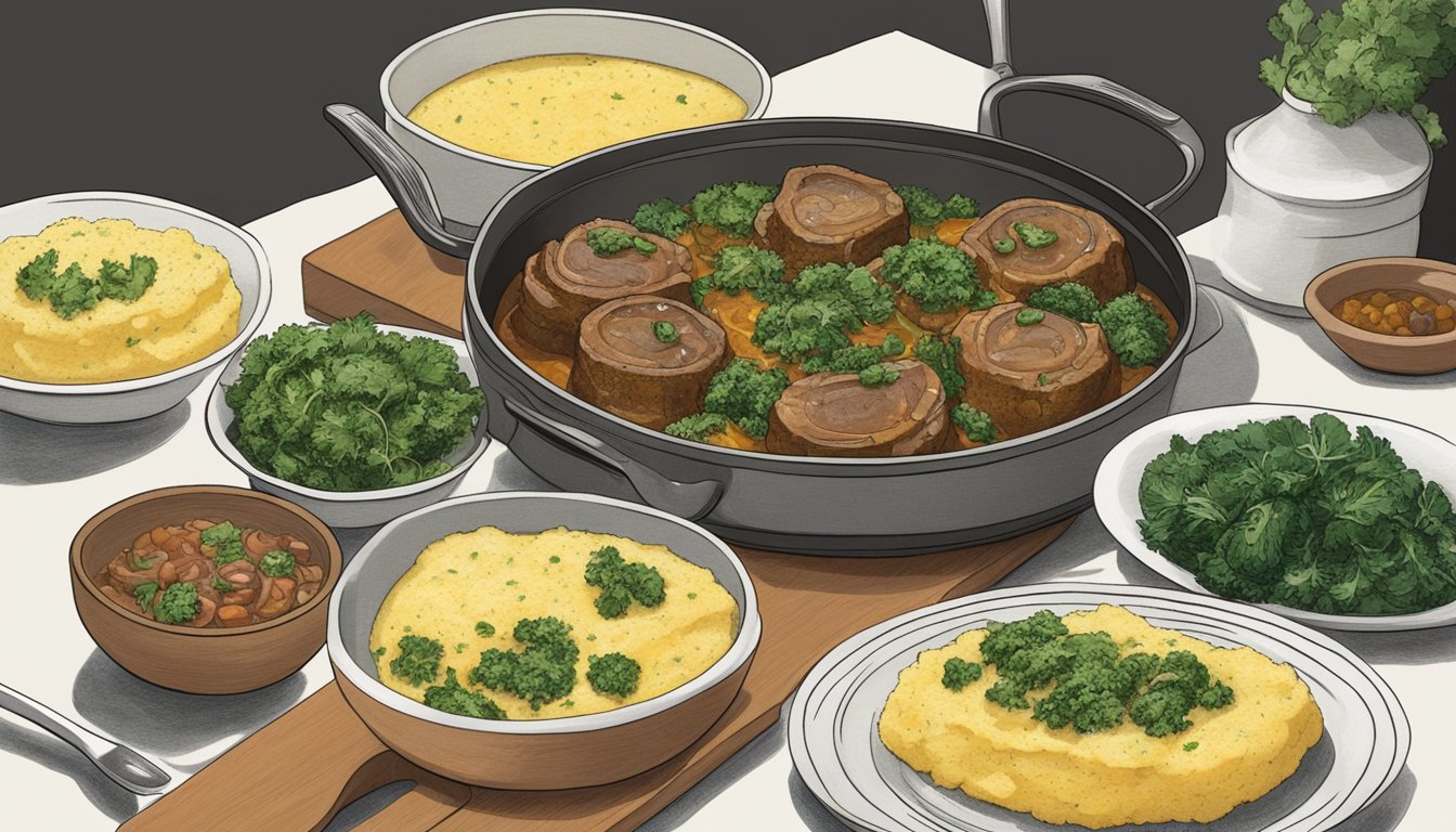 A pot of osso buco sits on a stovetop, surrounded by bowls of creamy polenta, gremolata, and sautéed greens