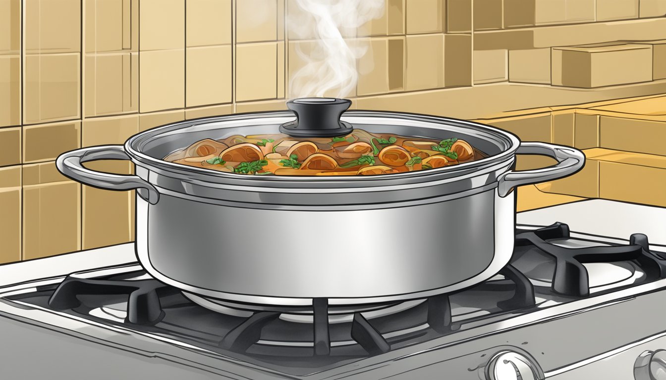 A steaming pot of osso buco being gently reheated on a stovetop