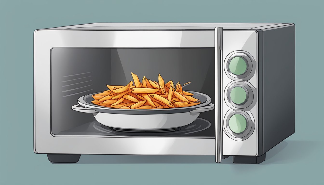 A steaming bowl of penne arrabbiata being heated in a microwave