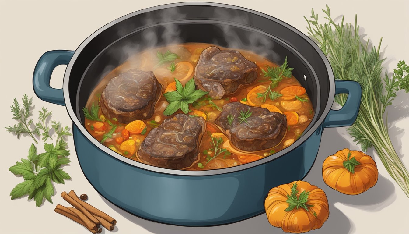 A steaming pot of osso buco being reheated on a stovetop, surrounded by aromatic herbs and spices