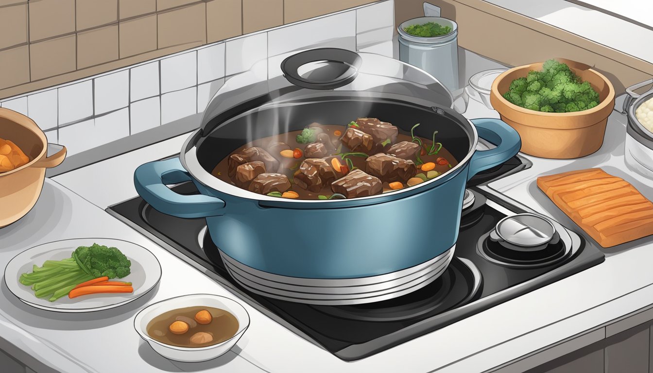 A steaming pot of oxtail stew sits on a stovetop, surrounded by various defrosting techniques such as a microwave, cold water bath, and refrigerator