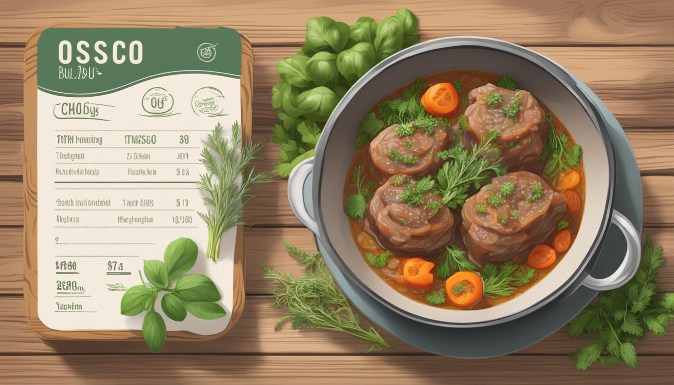 A steaming bowl of osso buco sits on a rustic wooden table, surrounded by fresh herbs and a printed nutritional information label